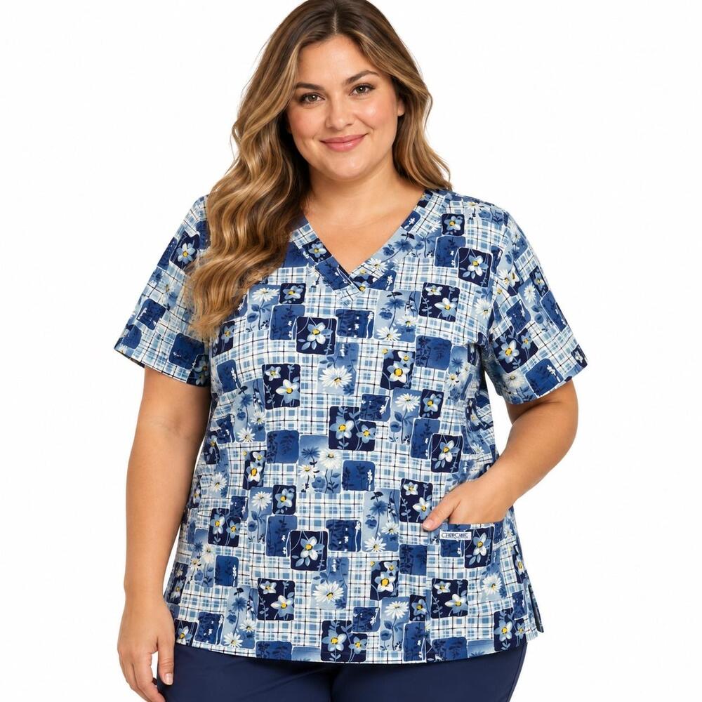 Cherokee Tunic Blouse Womens 3X Blue Floral Daisy V Neck Scrub Top Pockets